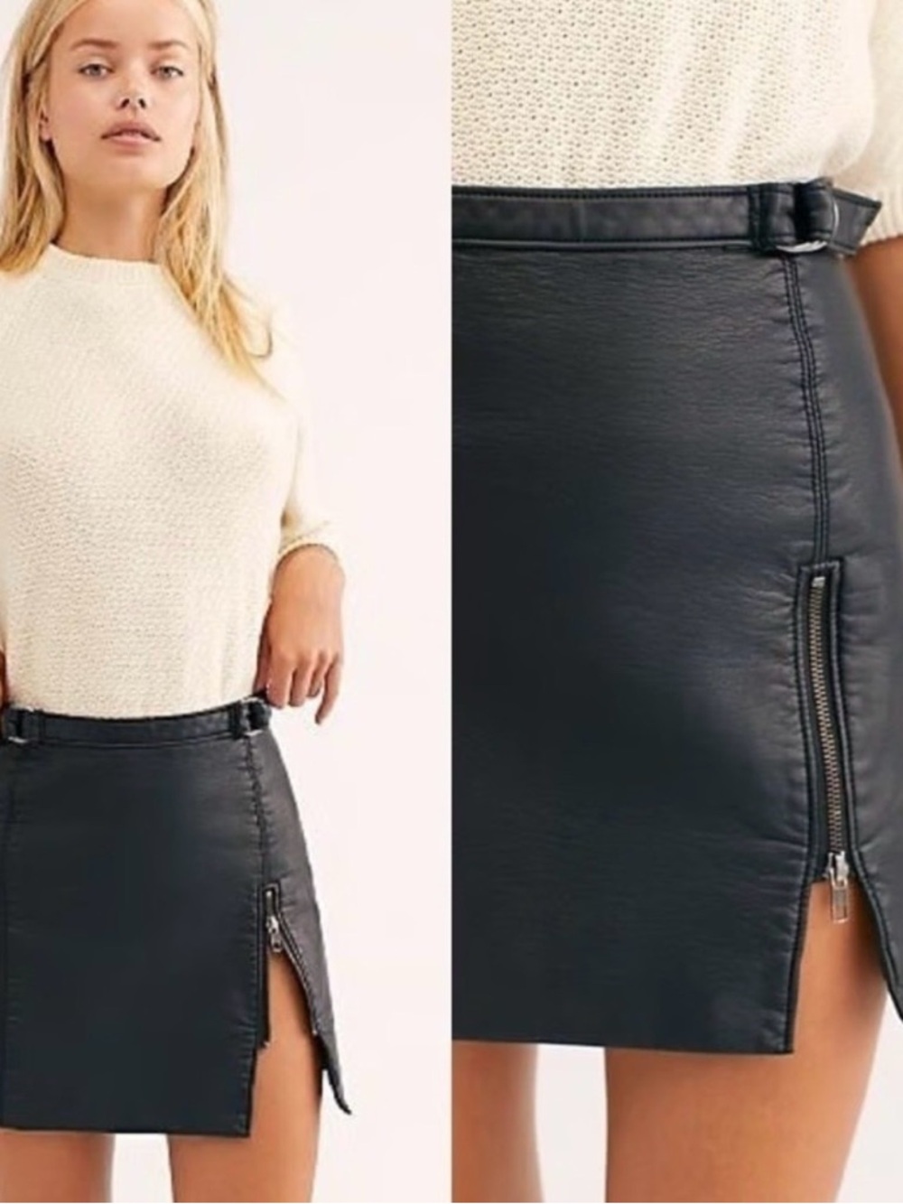Two Free People Vegan Leather Mini Skirts — Black & Cognac - Picture 2 of 7